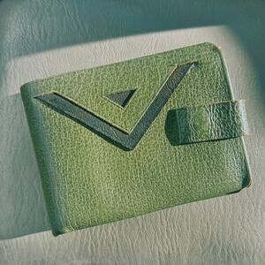 Vintage 50s Green Pebbled Leather Bifold Wallet, Chevron Emblem